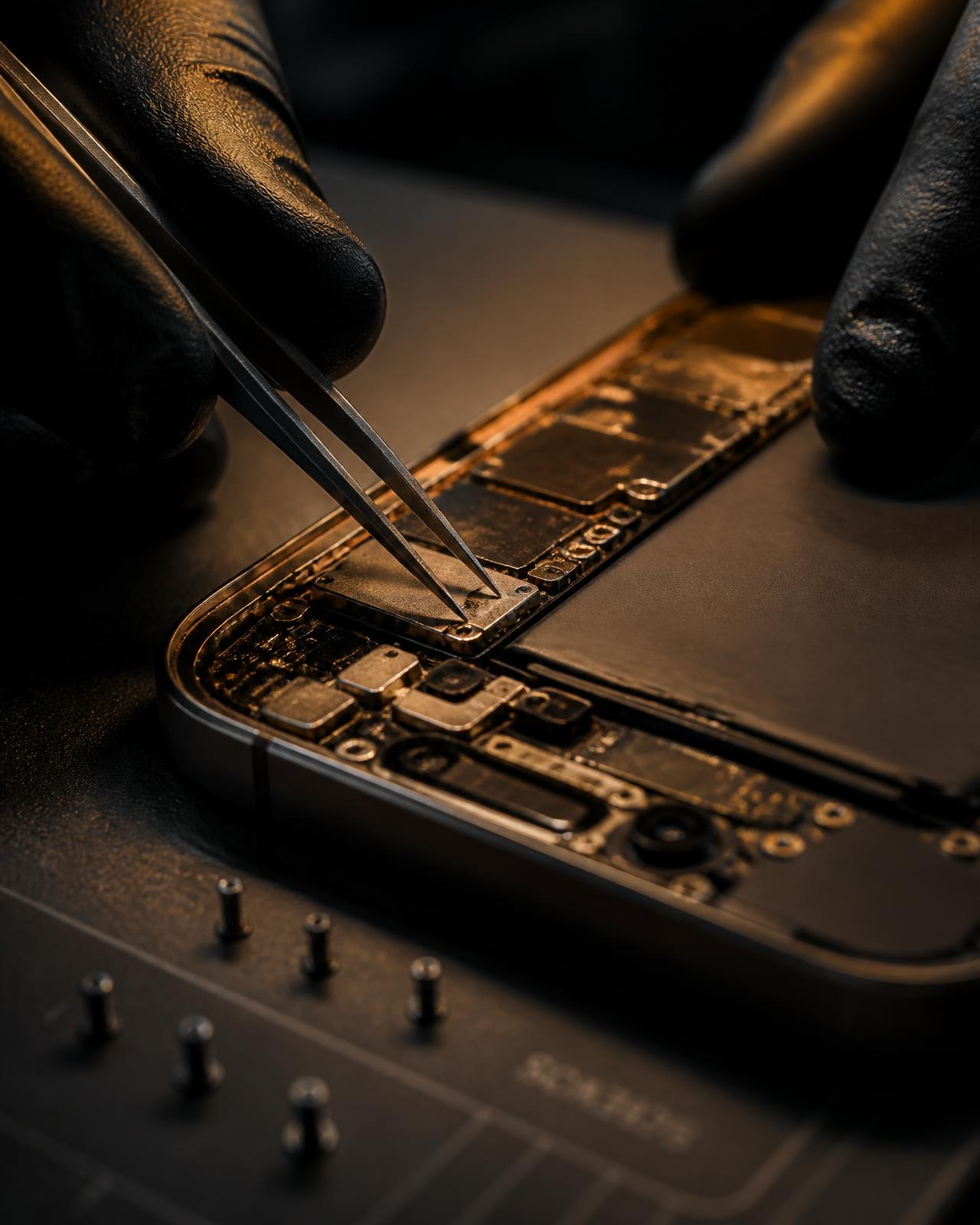 Technician using precision tweezers on an opened smartphone